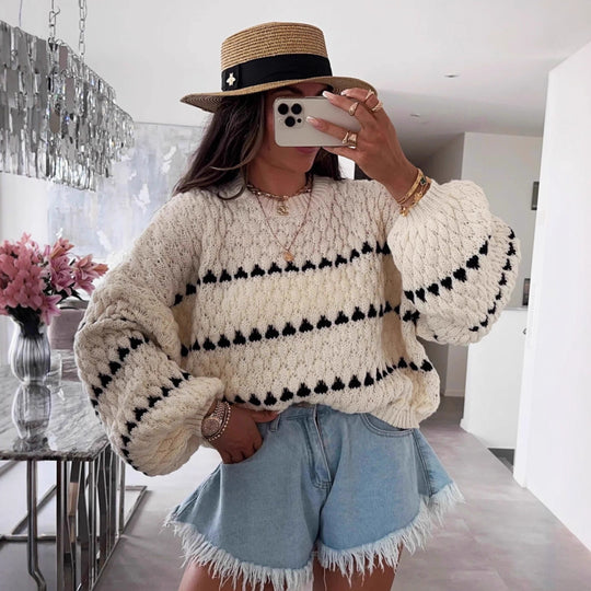 Damen Grobstrickpullover mit voluminösen Ärmeln und strukturiertem Muster EB