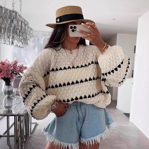 Damen Grobstrickpullover mit voluminösen Ärmeln und strukturiertem Muster EB