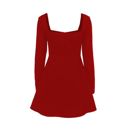 Damen tailliertes Skater-Minikleid mit quadratischem Ausschnitt und langen Ärmeln EB