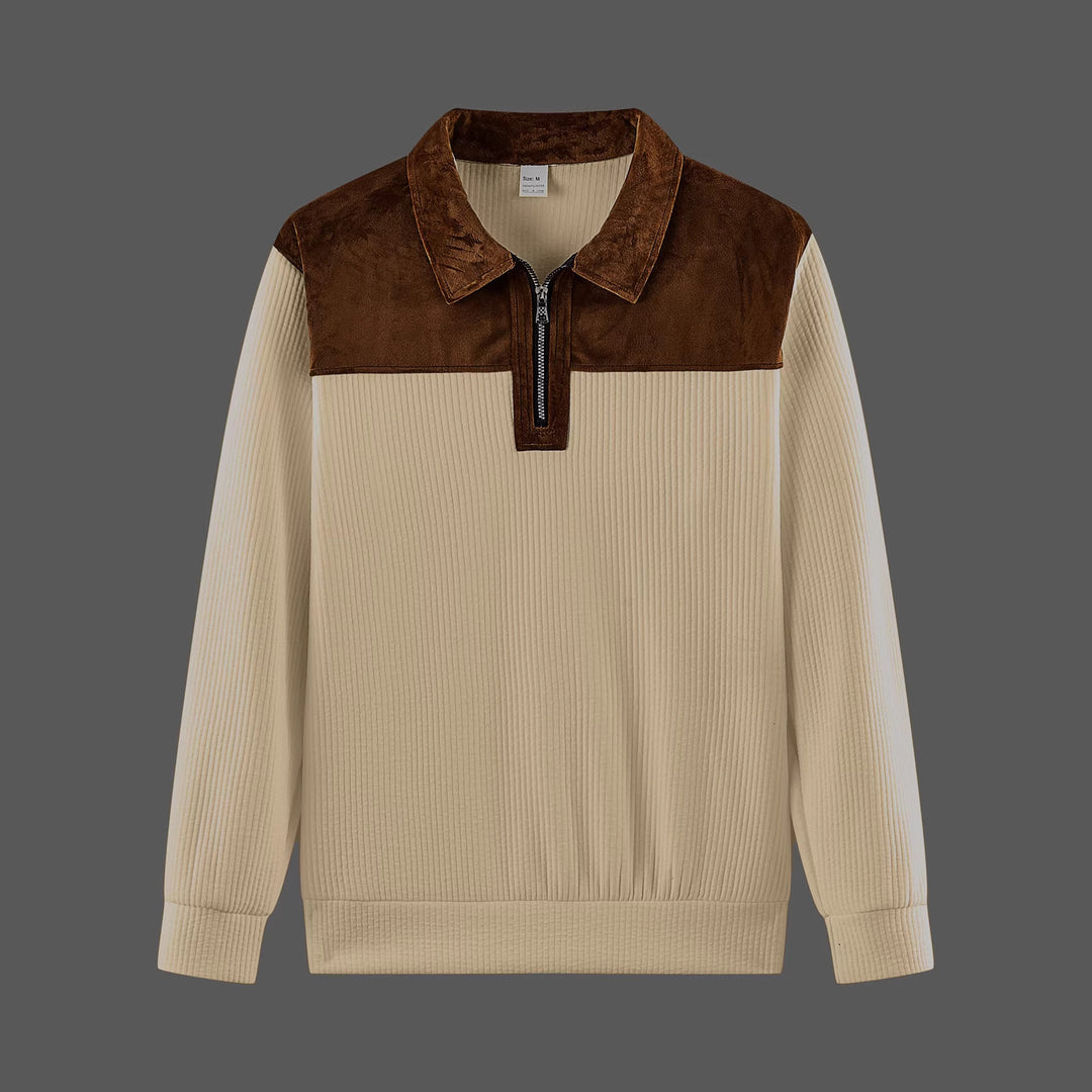 Unisex nan feinstrukturierter Strickpullover mit halbem Reißverschlusskragen und Samtbesatz EB