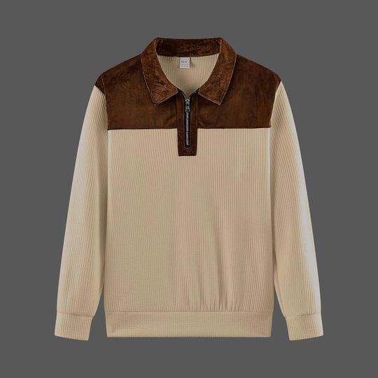 Unisex nan feinstrukturierter Strickpullover mit halbem Reißverschlusskragen und Samtbesatz EB