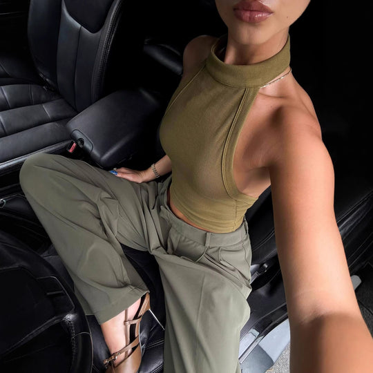 Damen High-Neck Crop-Top aus elastischem Material EB