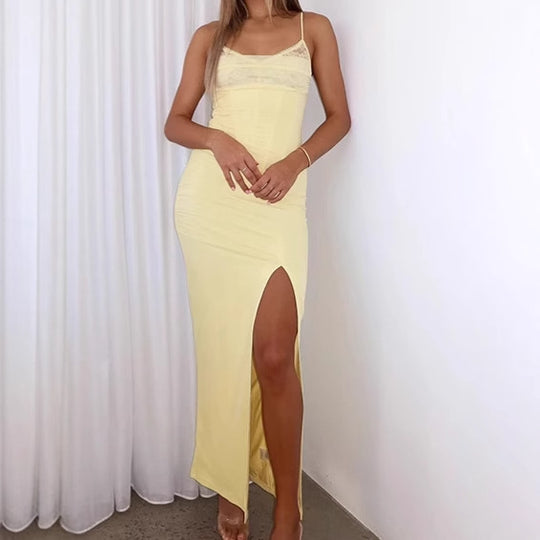 Damen Langärmeliges Maxikleid mit Rüschendetails und seitlichem Schlitz EB