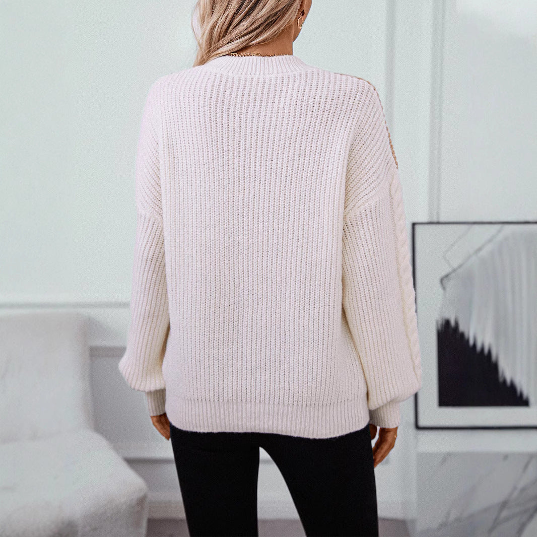Damen Strickpullover mit modernen Farbblocklinien und Zopfmuster EB