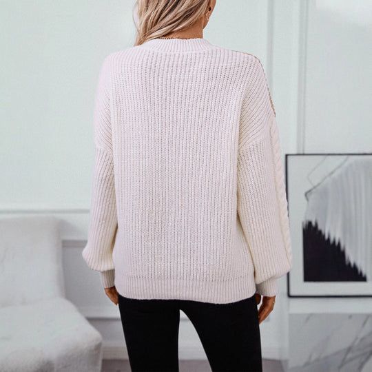Damen Strickpullover mit modernen Farbblocklinien und Zopfmuster EB