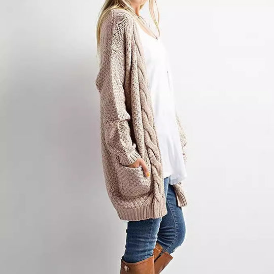 Damen lässige Strickjacke mit großen Taschen und offenem Design EB