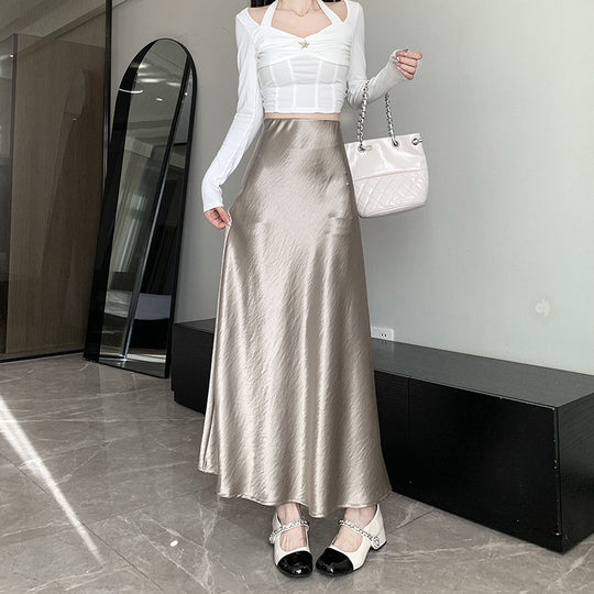 Damen  eleganter Midirock aus Satin mit A-Linie und nahtlosem Bund EB