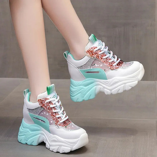 Damen sportliche Sneakers mit hochflexibler Sohle und modischen Glitzerdetails EB