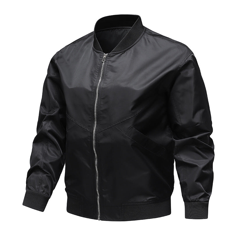 Men's  minimalist nylon flight bomber jacket with angled welt pockets and funnel rib collar EB