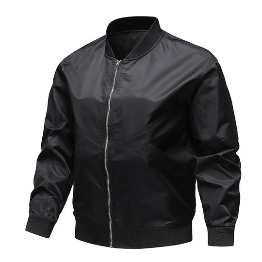 Men's  minimalist nylon flight bomber jacket with angled welt pockets and funnel rib collar EB