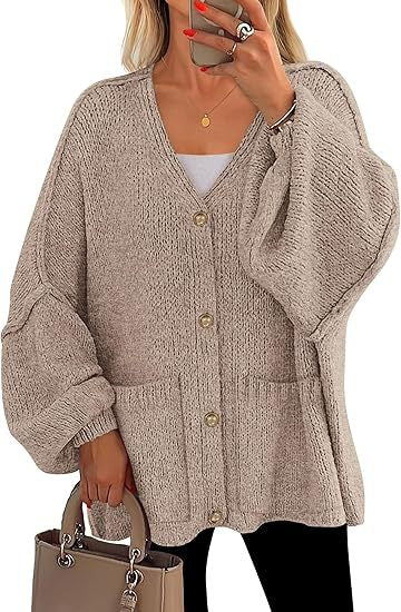 Damen Oversized Strickjacke mit Knöpfen und großen Taschen EB