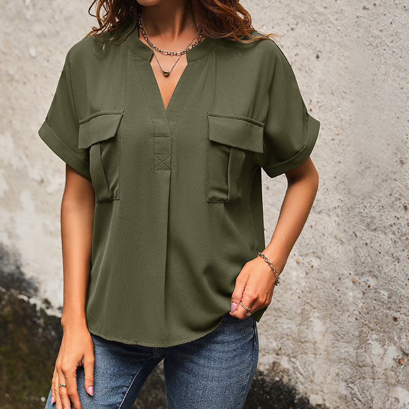 Damen lässige Bluse mit praktischen Taschen und modernem V-Ausschnitt EB