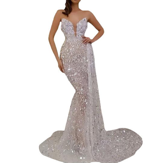 Damen Glamouröses Abendkleid mit schimmernden Pailletten und transparentem Rock EB