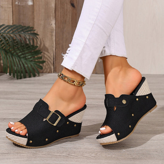 Damen Wedge-Pantoletten mit modischem Schnallen-Design und hochwertigem Obermaterial EB