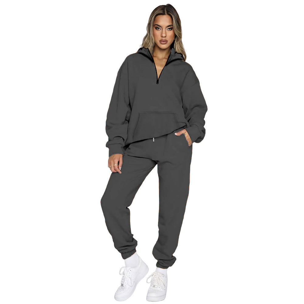 Damen gemütlicher Two-Piece Sweatsuit mit halbem Reißverschluss und praktischen Taschen EB