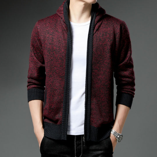 Herren Moderne Strickjacke mit Kapuze und schwarz-weißen Akzenten EB