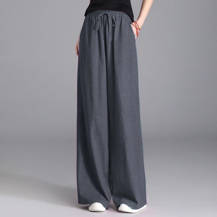 Damen nan weite Palazzo Leinenhose mit elastischem Kordelbund und Seitentaschen EB