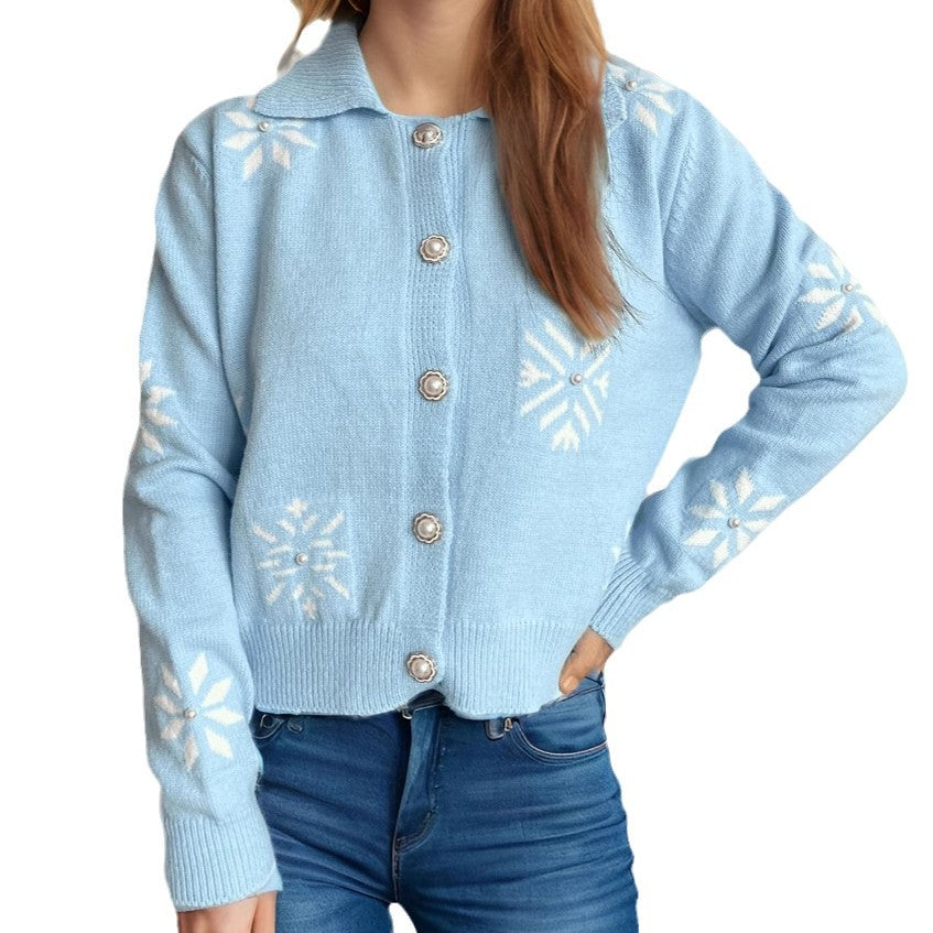 Damen gestrickte Kurzjacke mit winterlichem Schneeflockenmotiv EB