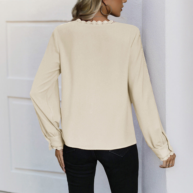 Damen elegante Bluse mit Spitzenakzenten und Knopfleiste EB