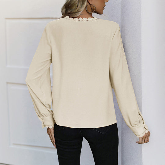 Damen elegante Bluse mit Spitzenakzenten und Knopfleiste EB
