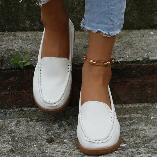 Damen lässige Slip-On Loafer mit ergonomischer Keilsohle, gepolstertem Komfortfußbett und dekorativer Kontrastnaht EB