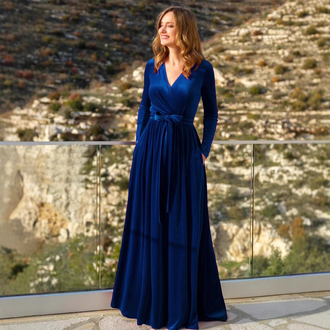 Damen nan elegantes Wickelmaxikleid aus Samt mit V-Ausschnitt, Taillengürtel und seitlichen Eingrifftaschen EB