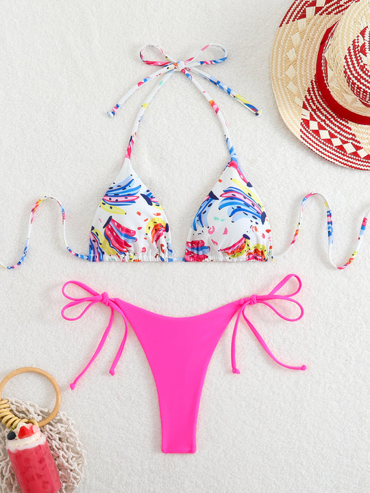 Damen Triangel-Bikini mit verspieltem Farbdesign und verstellbaren Bindebändern EB
