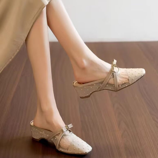 Damen Slingback-Pantoletten mit zierlichem Riemchen und Pünktchenmuster EB