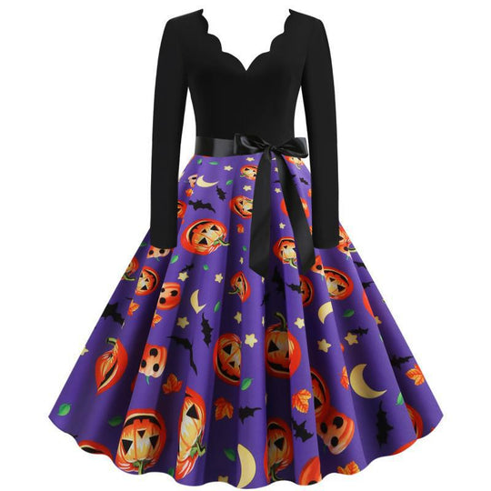 Damen Vintage Swingkleid mit Halloween-Kürbisprint und tailliertem Satinschärpenbund EB