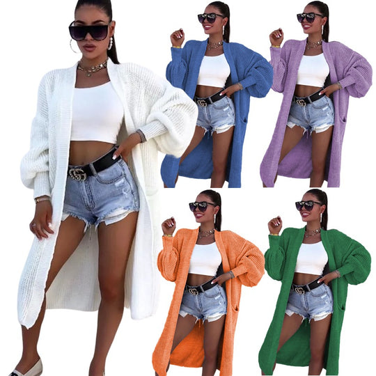 Damen Langer Strickcardigan mit weiten Ärmeln und praktischen Taschen EB