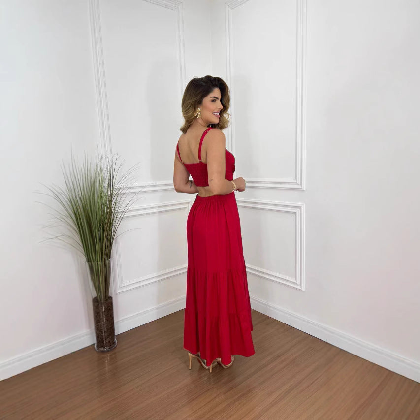 Damen Maxi-Kleid mit tailliertem Oberteil und voluminösem Rock EB