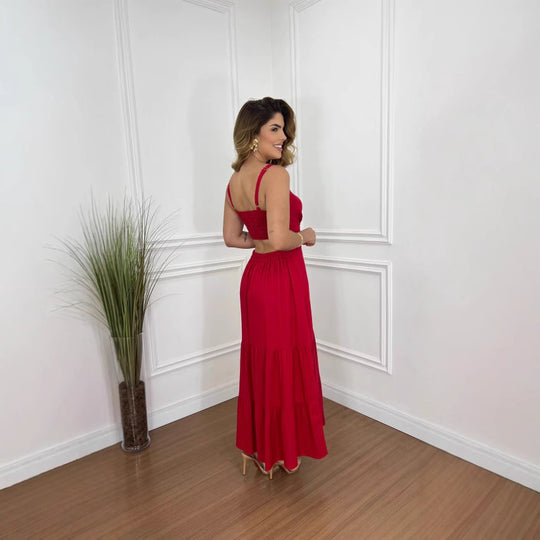 Damen Maxi-Kleid mit tailliertem Oberteil und voluminösem Rock EB
