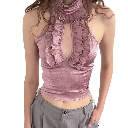 Damen elegantes Top mit rüschendem Stehkragen und tiefem Ausschnitt EB