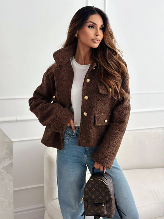 Damen Trendige Bouclé-Jacke mit goldenen Knöpfen und praktischen Taschen EB