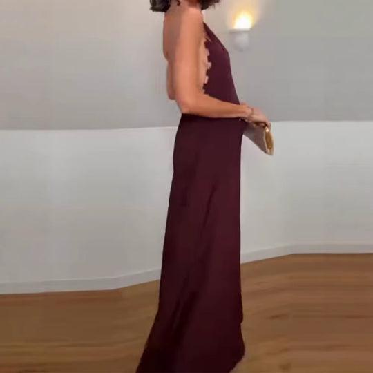 Damen elegantes Maxikleid mit tiefem V-Ausschnitt und fließendem Rock EB