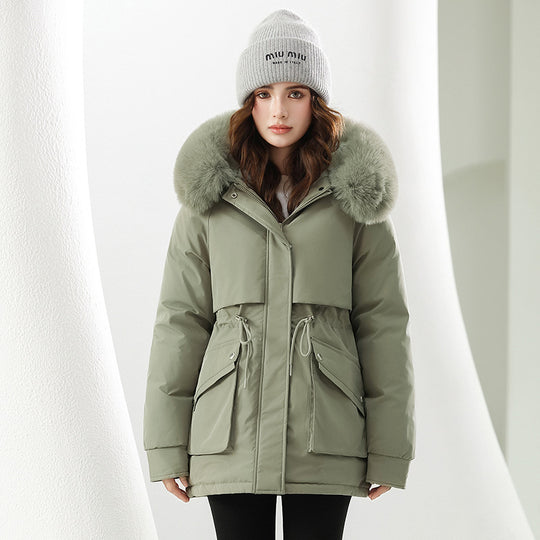 Damen Modische Winterjacke mit abnehmbarer Kapuze und hochwertigem Kunstfell EB