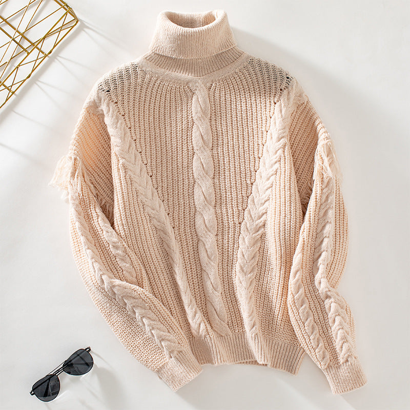 Damen Strickpullover mit hohem Kragen und Zopfmuster EB
