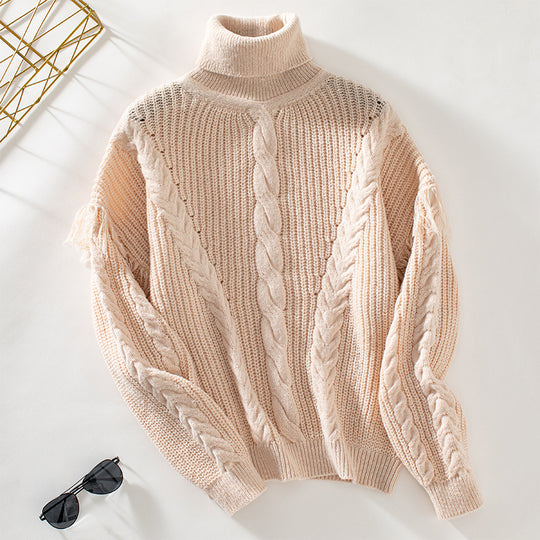 Damen Strickpullover mit hohem Kragen und Zopfmuster EB