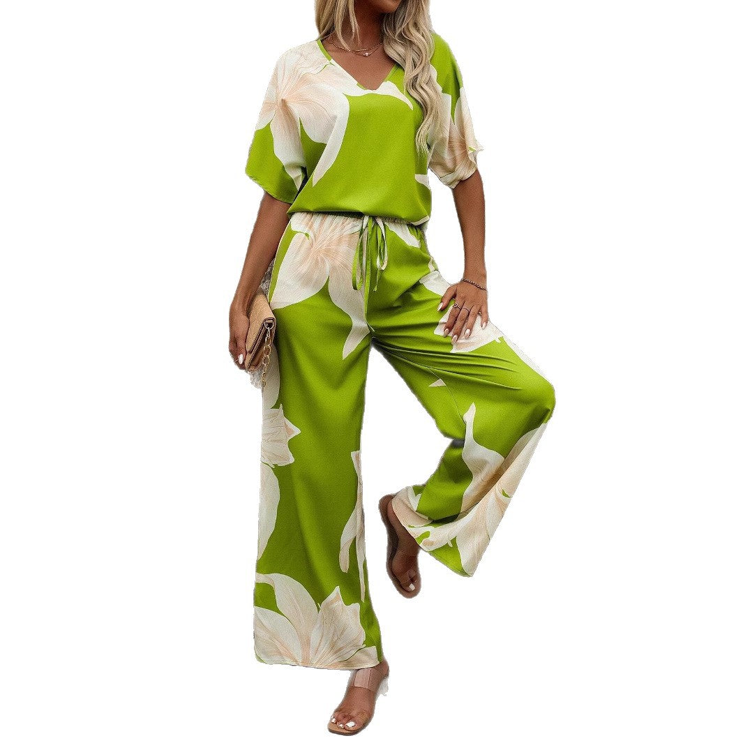 Damen luftiger Hosenanzug mit floralem Print und elastischem Bund EB
