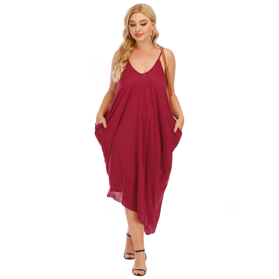 Damen lässiges Maxikleid mit tiefem V-Ausschnitt und Seitentaschen EB