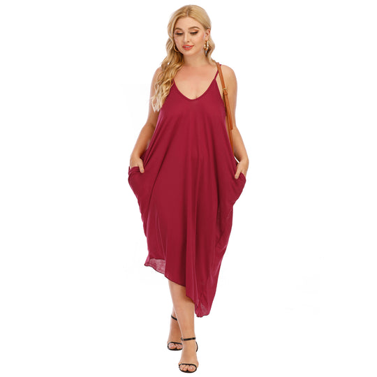 Damen lässiges Maxikleid mit tiefem V-Ausschnitt und Seitentaschen EB