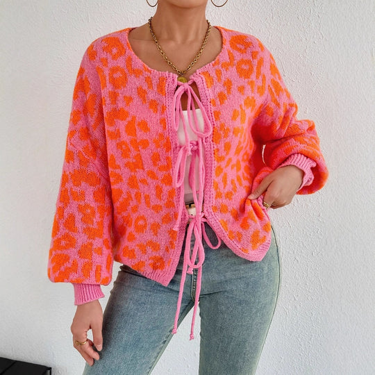 Damen Strickjacke mit einzigartigem Leopardenmuster und verstellbarem Kordelzug EB