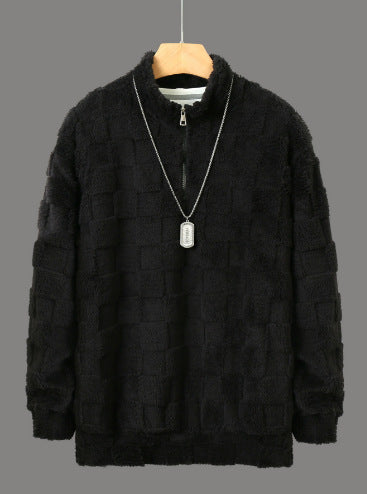 Herren nan karierter Sherpa-Halbzip-Pullover mit hohem Stehkragen und weicher Teddy-Fleece-Qualität EB