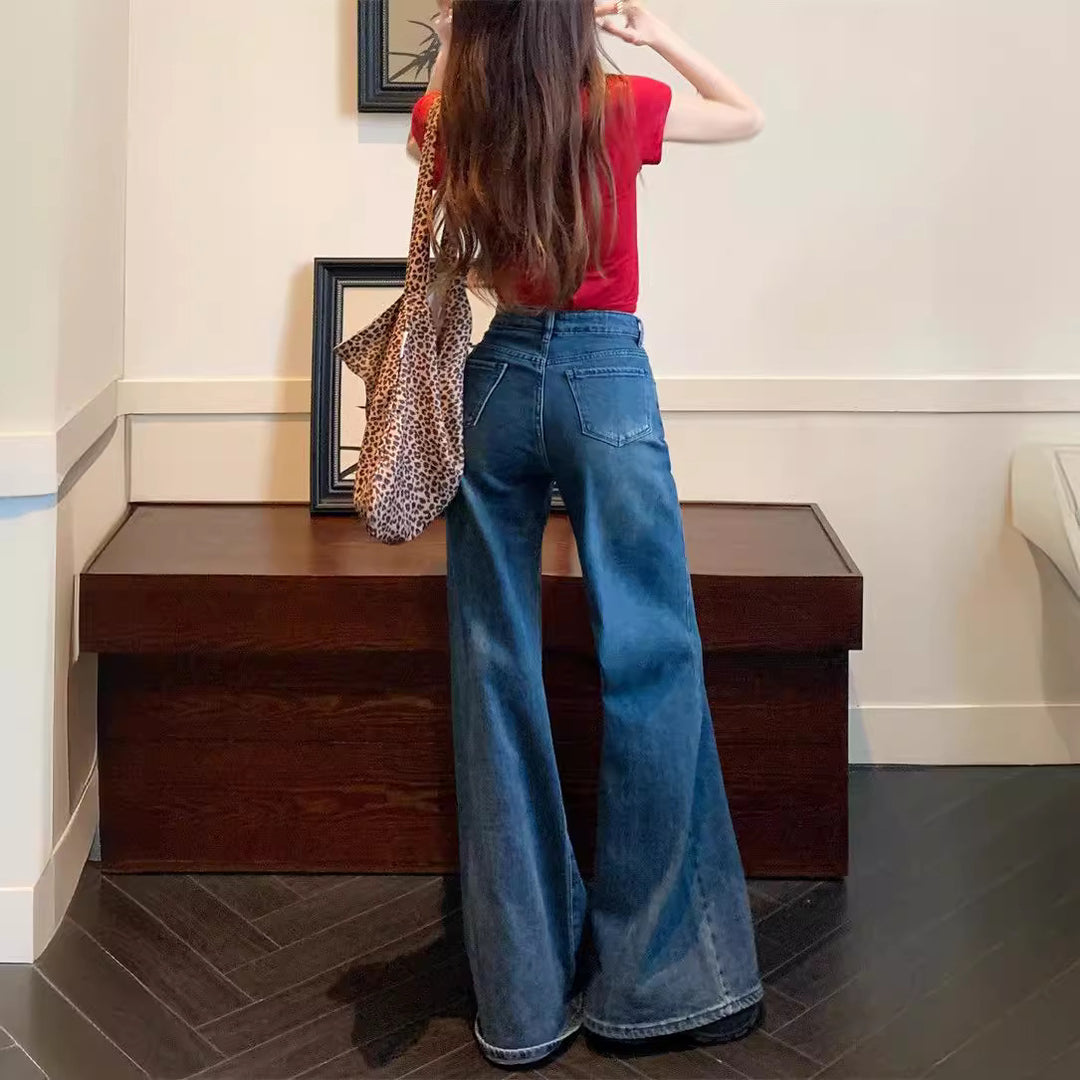 Damen Weit geschnittene High-Waist Jeans mit ausgefallenem Saum EB