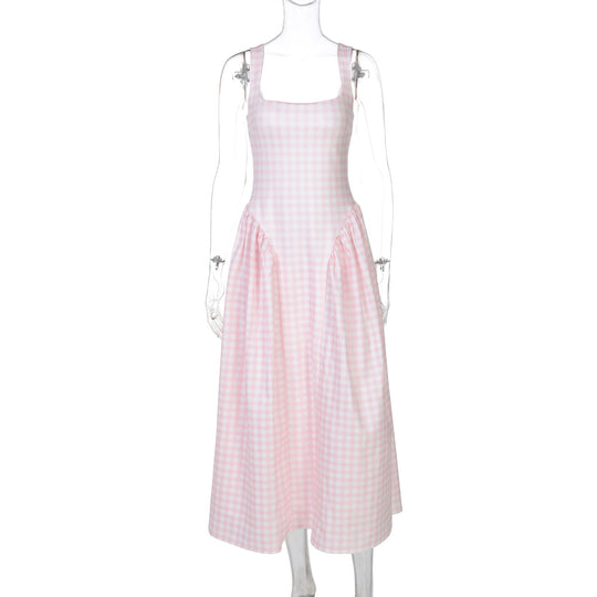 Damen Sommerliches Maxikleid mit Karo-Design und seitlichen Raffungselementen EB