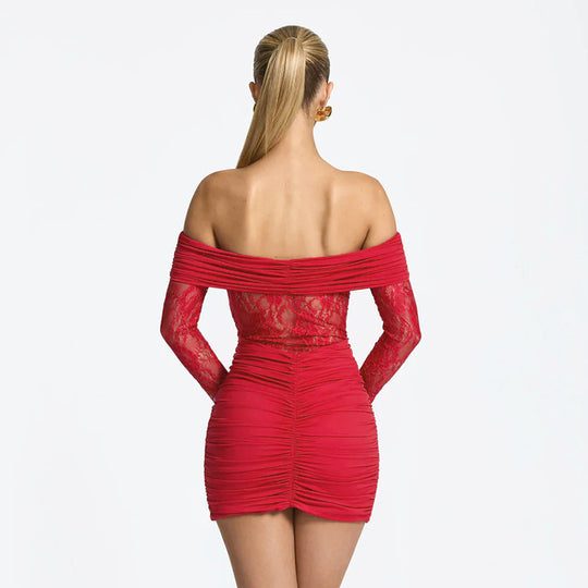 Damen elegantes Spitzenkleid mit Off-Shoulder-Ausschnitt und Raffungen EB