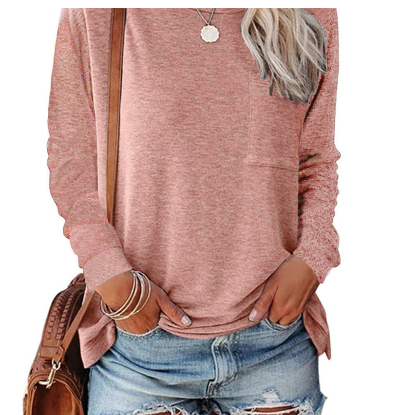 Damen lässiges Langarmshirt mit Taschen und Rundhalsausschnitt EB