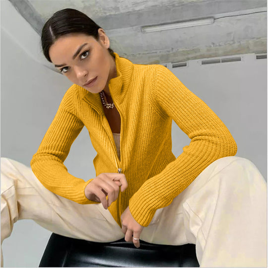 Damen Strickjacke mit hohem Kragen und innovativem Zipper EB