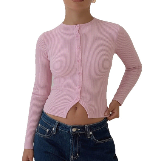 Damen nan kurze gerippte Knopfstrickjacke mit Rundhalsausschnitt, taillierter Passform und Stretchanteil EB