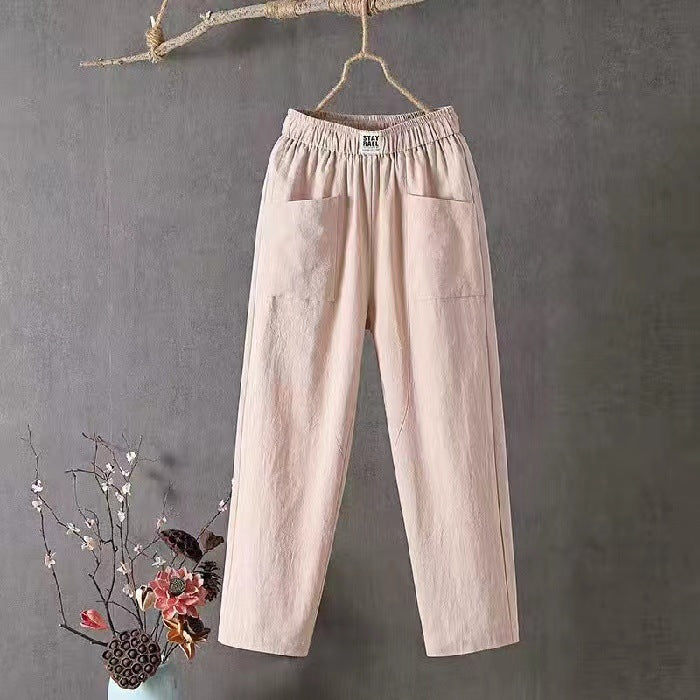 Damen nan lässige Leinenmix-Hose mit elastischem Bund, geradem Bein und großen aufgesetzten Taschen EB
